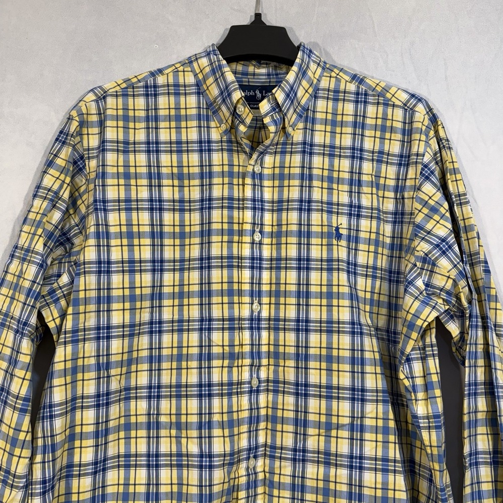 ralph lauren classic fit Plaid Yellow Blue L Button Shirt Preppy Blue Pony‎